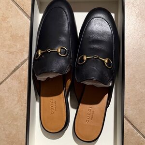 Gucci Black Leather Horsebit Backless Loafers with Gold Hardware